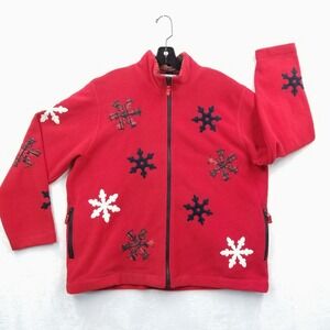 Marisa‎ Christina Cardigan Women XL Red Full Zip Fleece Snowflake Winter Grandma